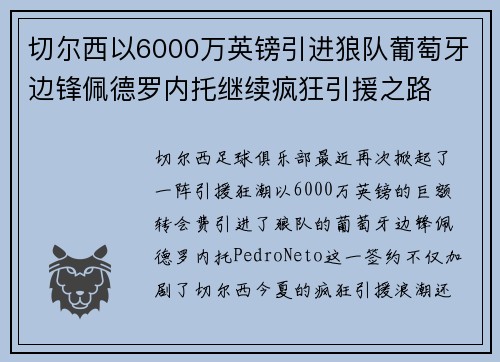 切尔西以6000万英镑引进狼队葡萄牙边锋佩德罗内托继续疯狂引援之路 切尔西以6000万英镑引进狼队葡萄牙边锋佩德罗内托继续疯狂引援之路